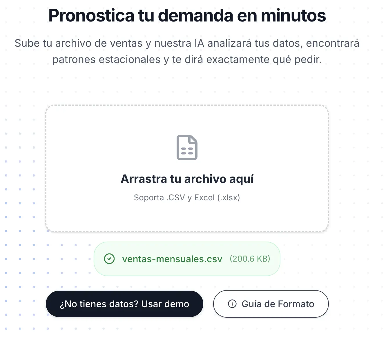 Interfaz fácil de usar del software VidentIA para subir Excel y obtener predicciones de ventas